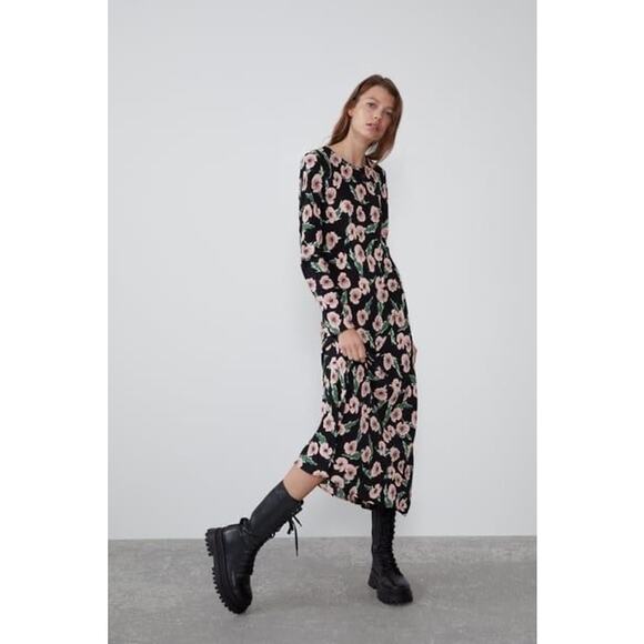 Zara Black Multicolor Floral Flower Long Sleeve Maxi Bodycon Mesh Dress Sz S - Picture 2 of 7